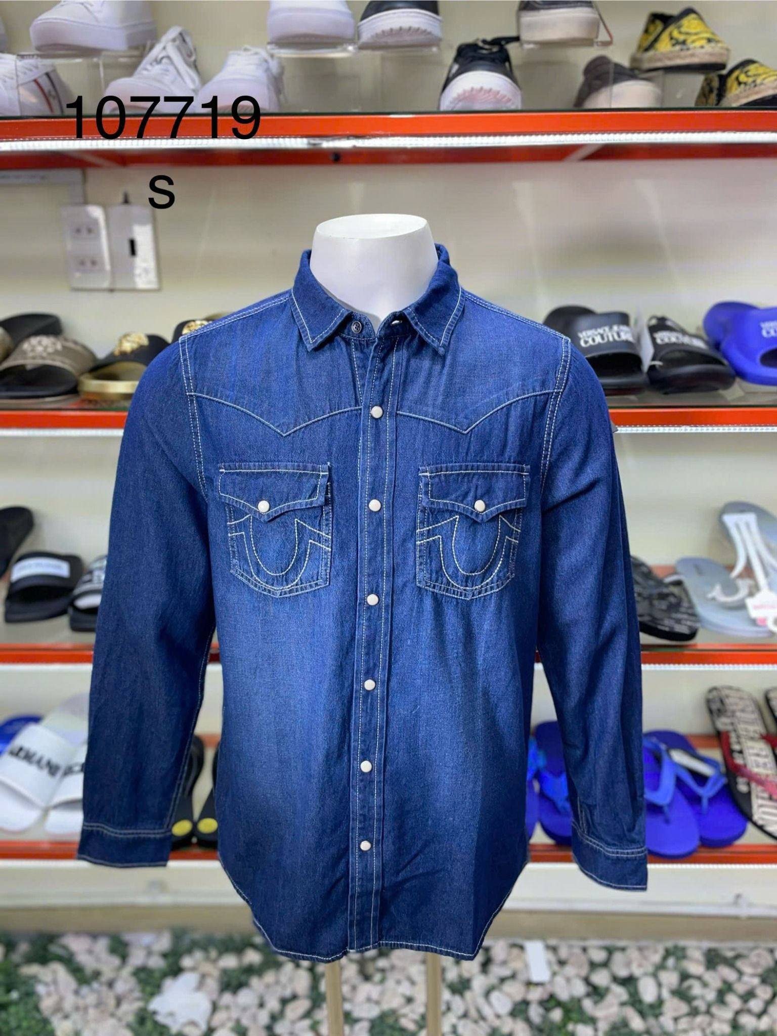 Áo Sơ Mi Tay Dài True Religion Xanh Chambray Chỉ Trắng - New - 107719 - PA04