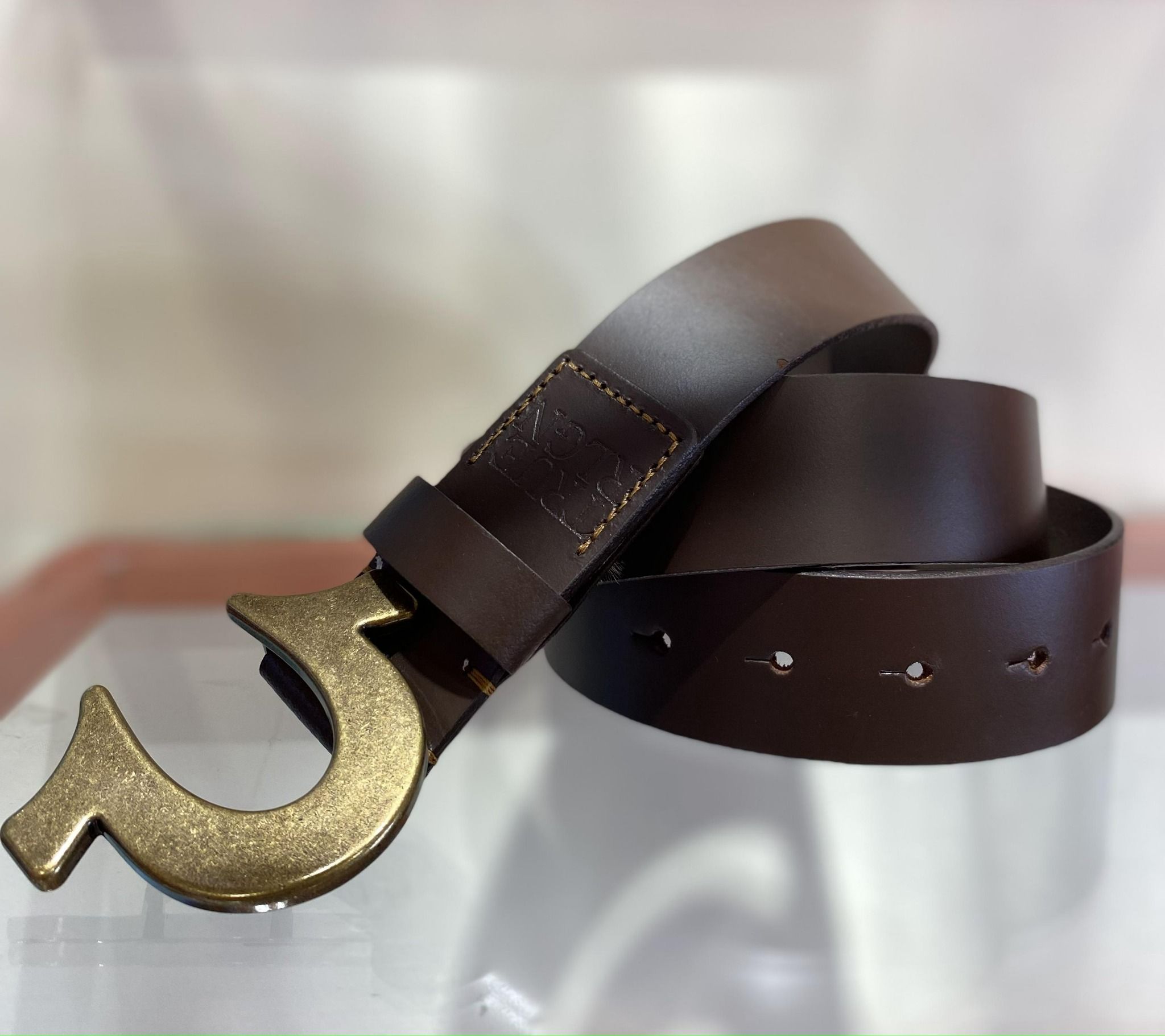 Dây Nịt True Religion Nâu Mặt Vàng - New - TR302130