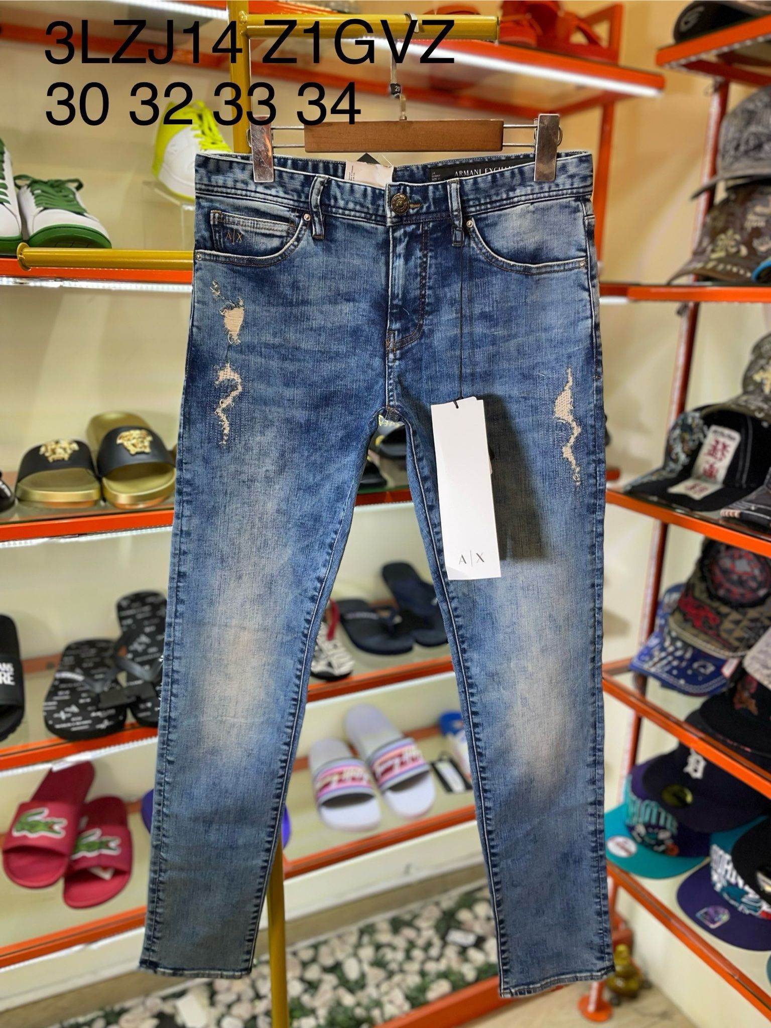 Quần Dài Jeans A/X Armani Exchange Xanh Sờn Chỉ Vàng Skinny - New - 3LZJ14 Z1GVZ - GE01
