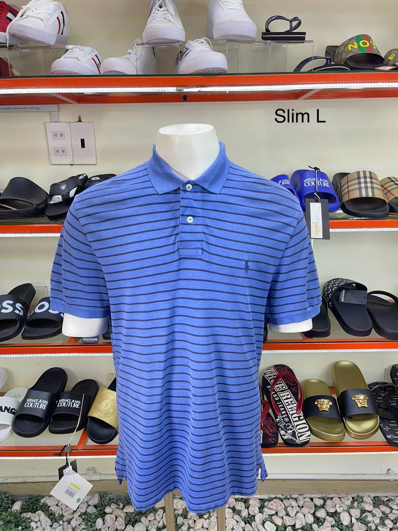 Áo Polo Ralph Lauren Xanh Biển Kẻ Đen Slim Fit - New - 710832749043 - GB02