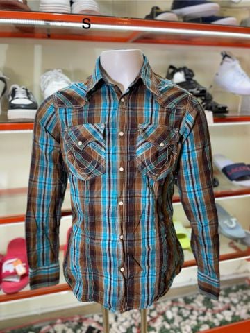 Áo Sơ Mi Tay Dài True Religion Xanh Sọc Cam - Si - A278