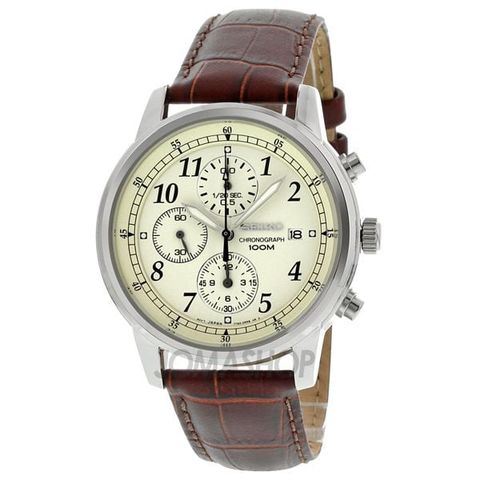 Chronograph Beige Dial Burgandy Leather Men's Watch SNDC31