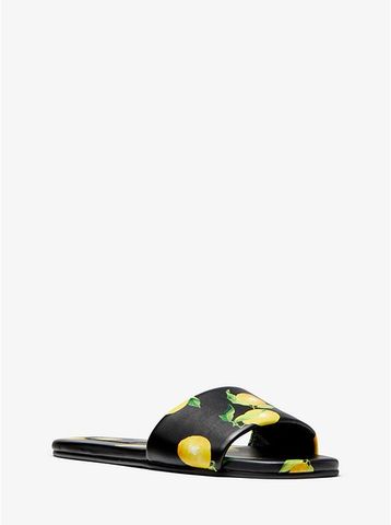 Delphine Lemon-Print Leather Slide Sandal 46S0DEFP2W