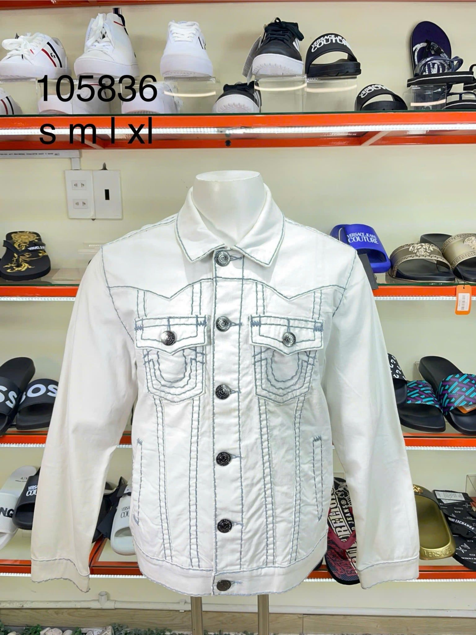 Áo Khoác Jeans Trắng Chỉ Xám True Religion - New - 105836 - TA04