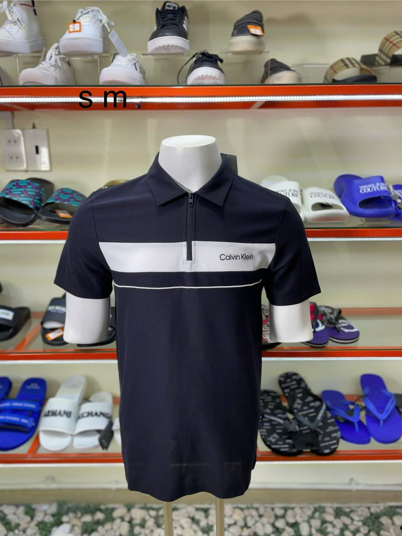 Áo Polo CK Calvin Klein Đen Dây Kéo Sọc Ngang Trắng - New - SP40601406