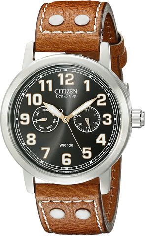 Avion Multi-Function Eco Drive Black Dial Brown Leather Men's Watch AO9030-05E