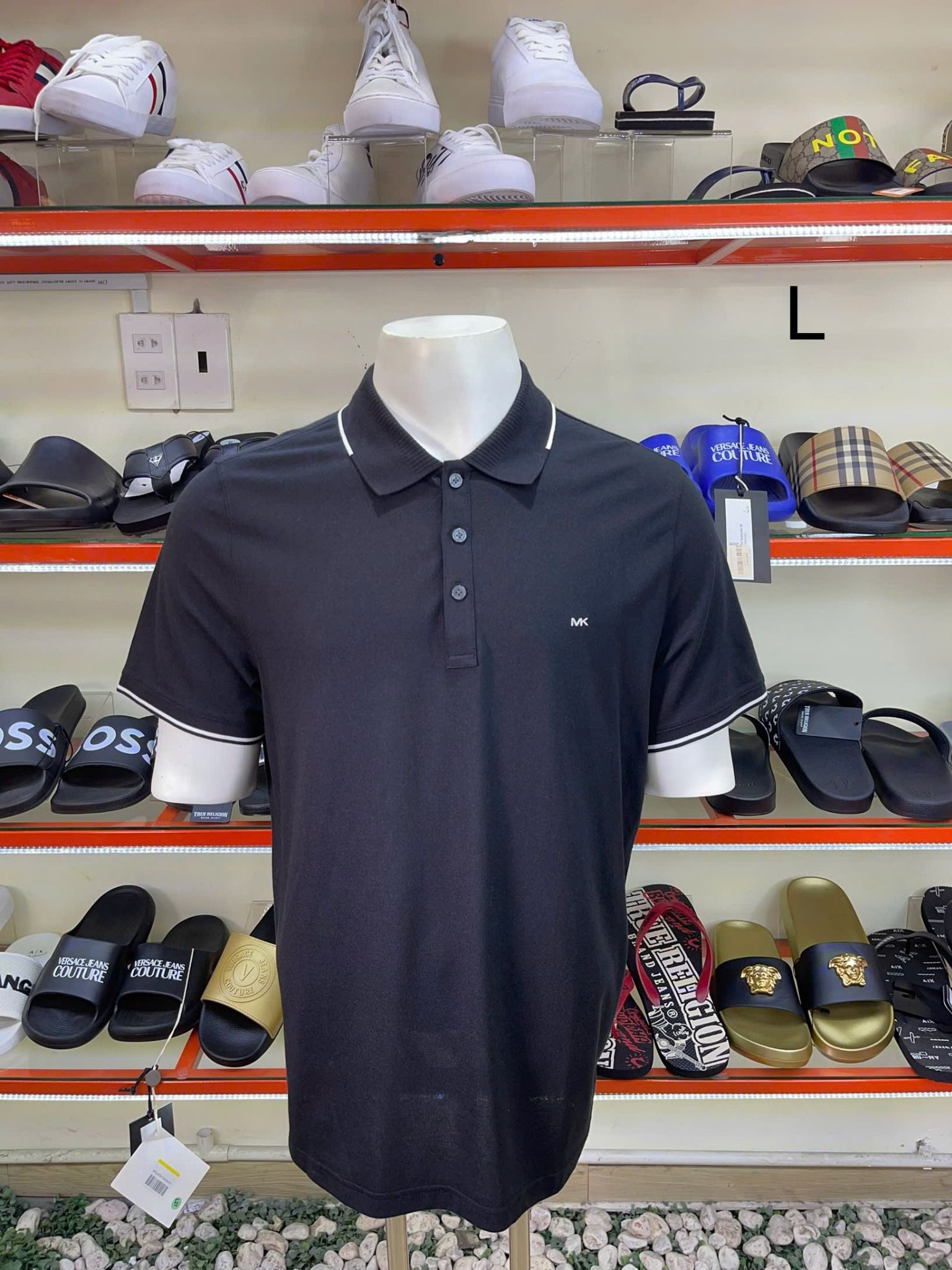 Áo Polo MK Michael Kors Đen Cổ Viền Trắng Gân - New - KS552FM3DZ