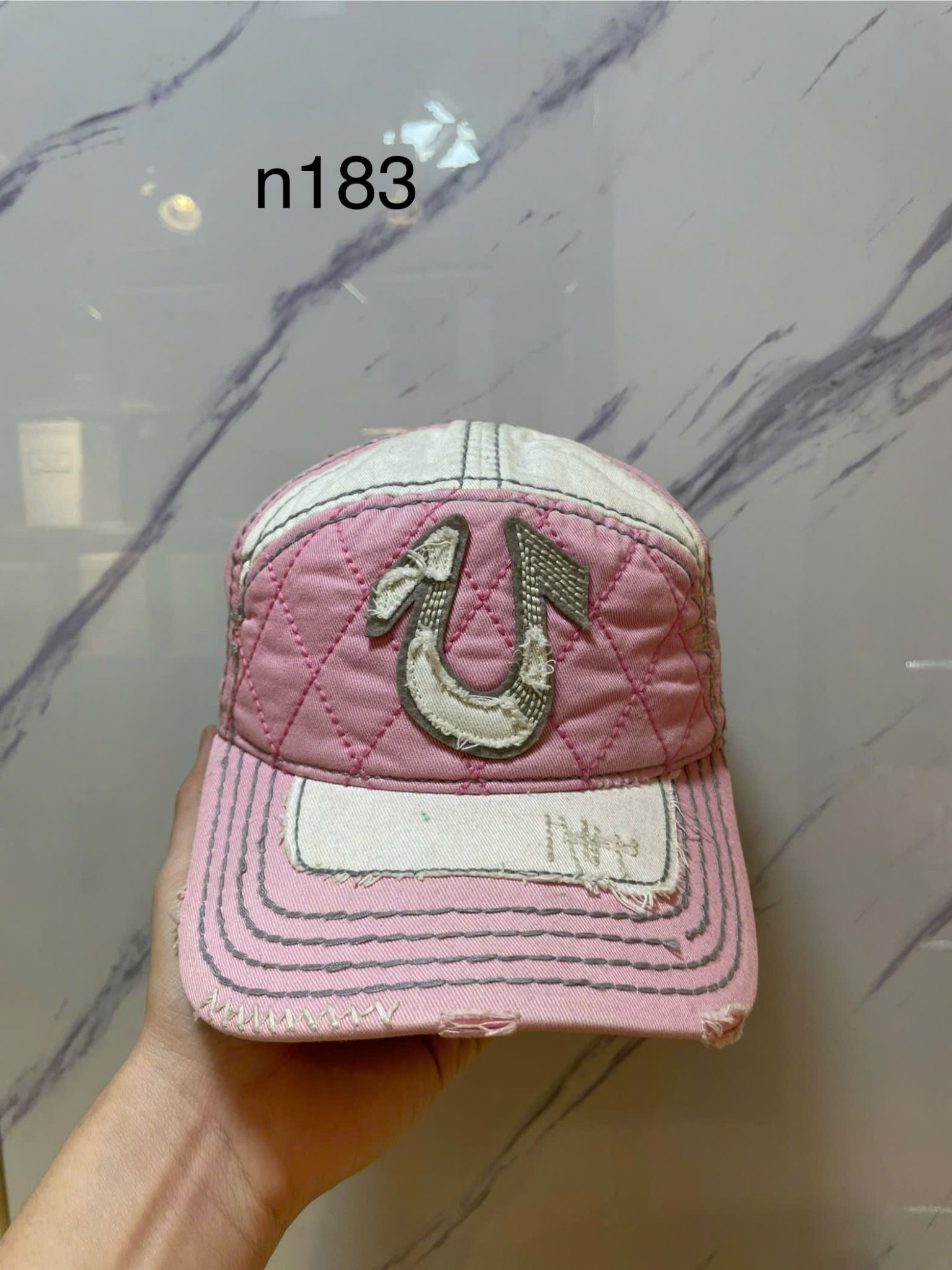Nón True Religion Hồng Trắng Chữ Xám - Like New - N183