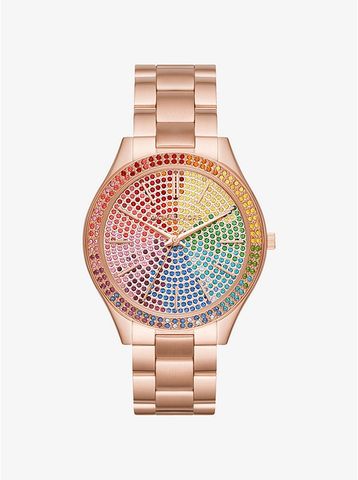 Oversized Slim Runway Rainbow Pavé Rose Gold-Tone Watch MK3890