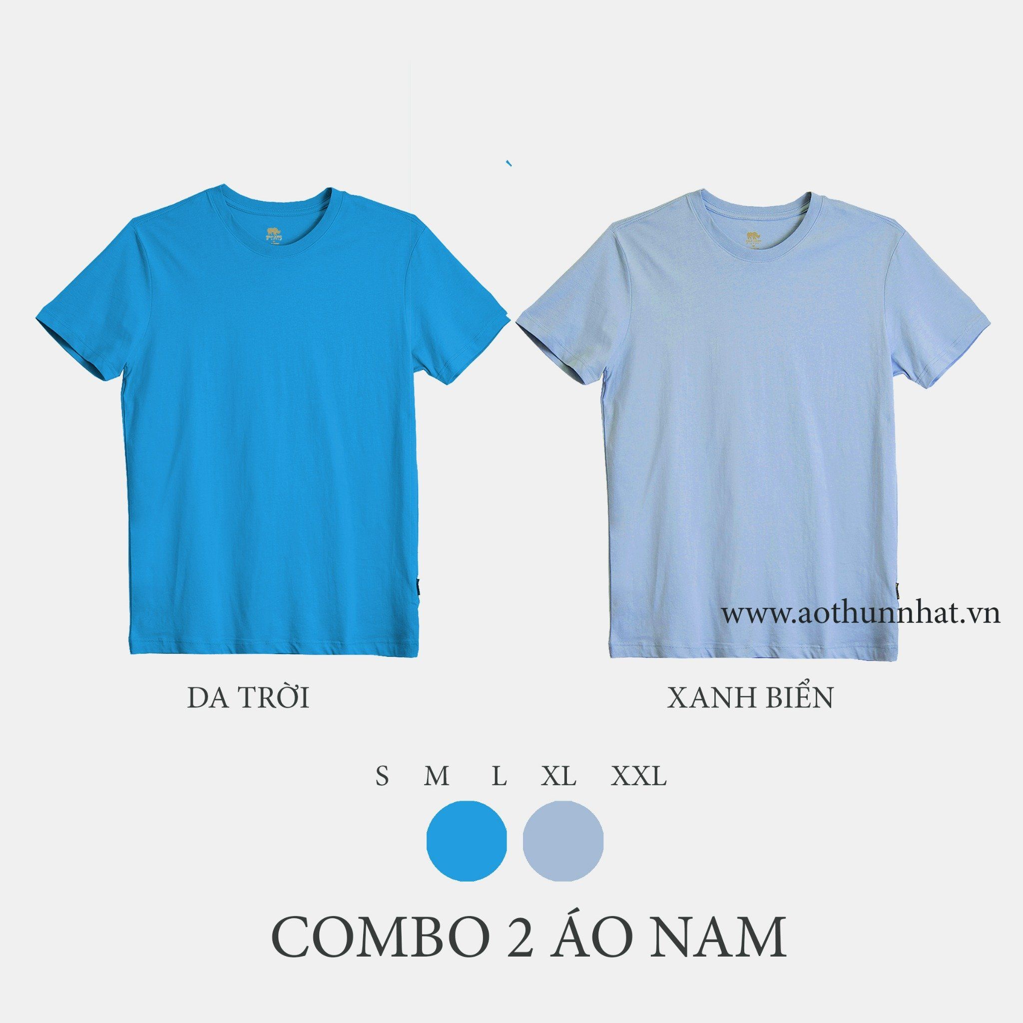  COMBO 2 ÁO NAM - COTTON THOÁT NHIỆT SIÊU MÁT, SIÊU NHẸ - Da Trời, Xanh Biển 