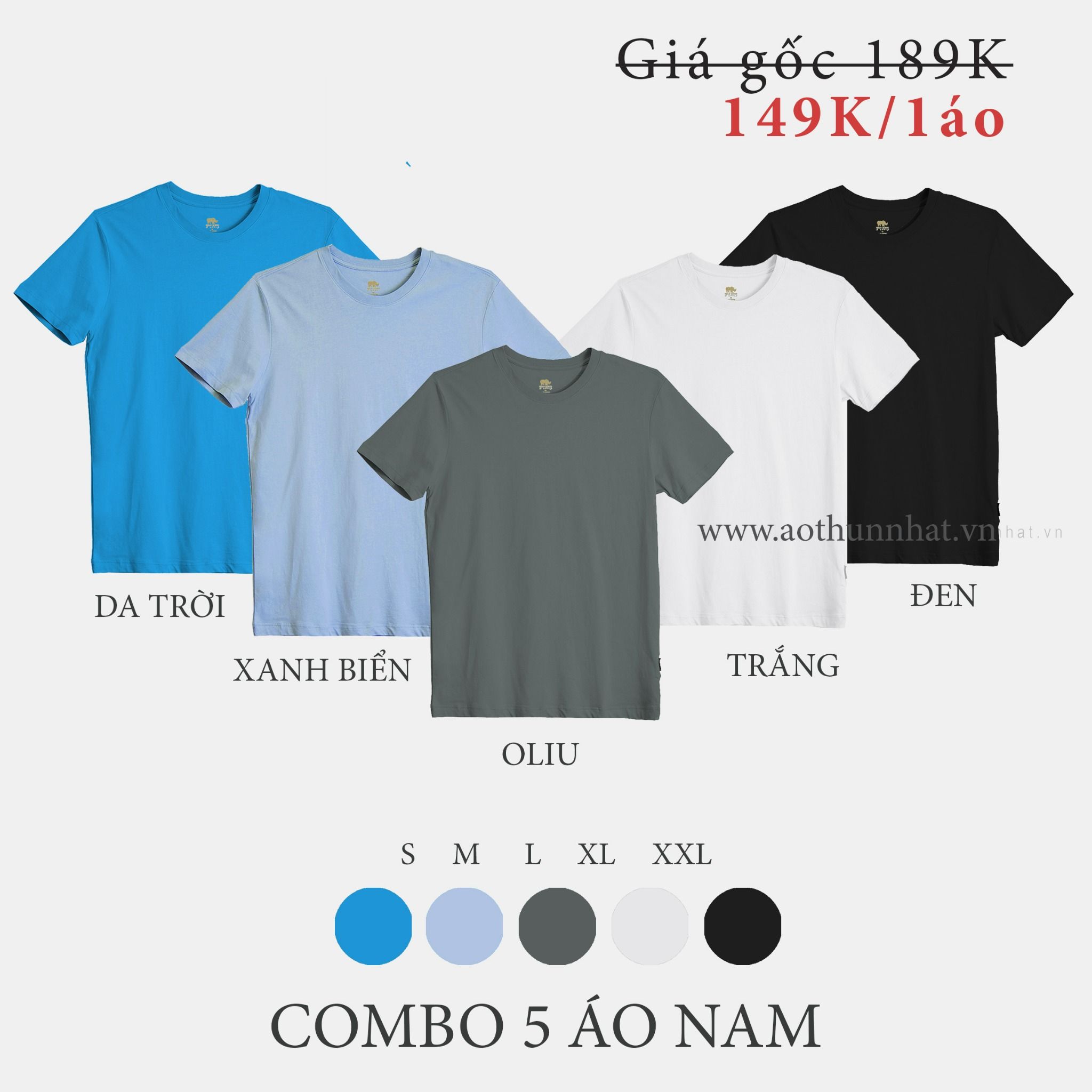  COMBO 5 ÁO NAM - COTTON THOÁT NHIỆT SIÊU MÁT, SIÊU NHẸ - Da Trời, Xanh Biển, Oliu, Trắng, Đen 