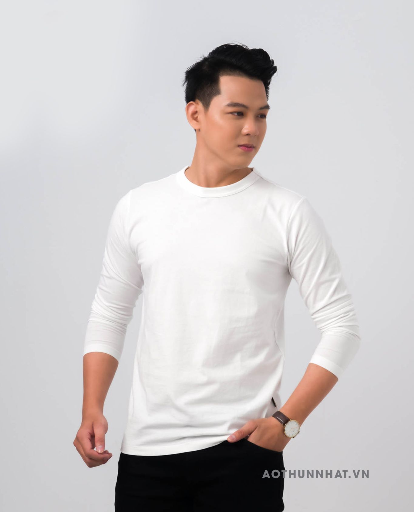  TAY DÀI NAM 100% COTTON - Màu Xám Trắng 