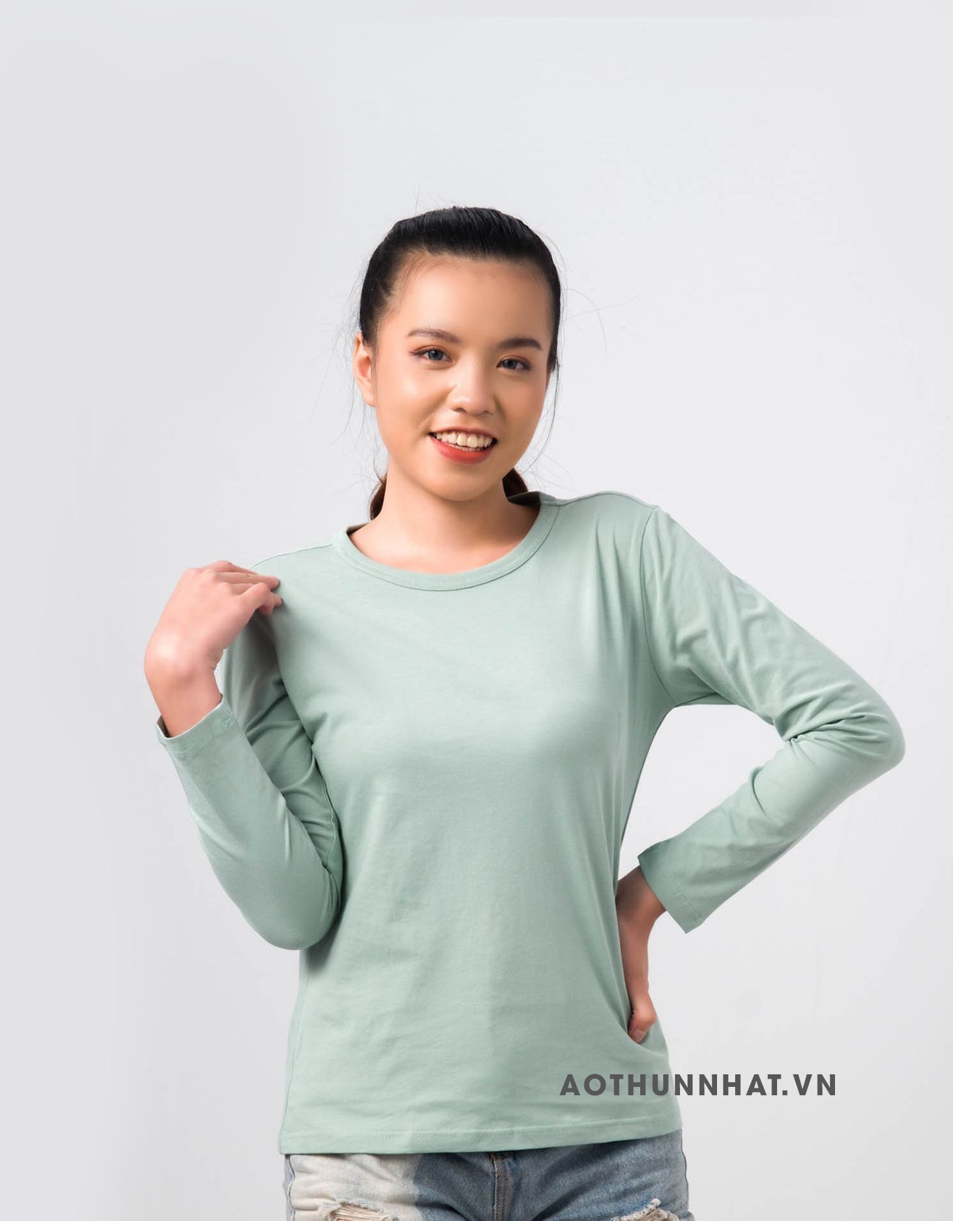  TAY DÀI NỮ 100% COTTON - Màu Bạc Hà 