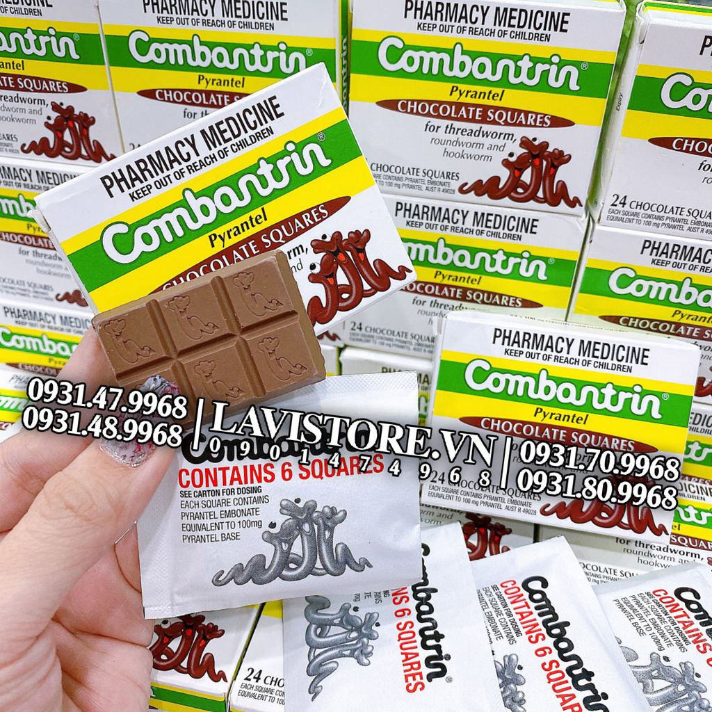 (10/2026) Tẩy giun Combantrin Socola Úc (4 vỉ x 6 thanh)