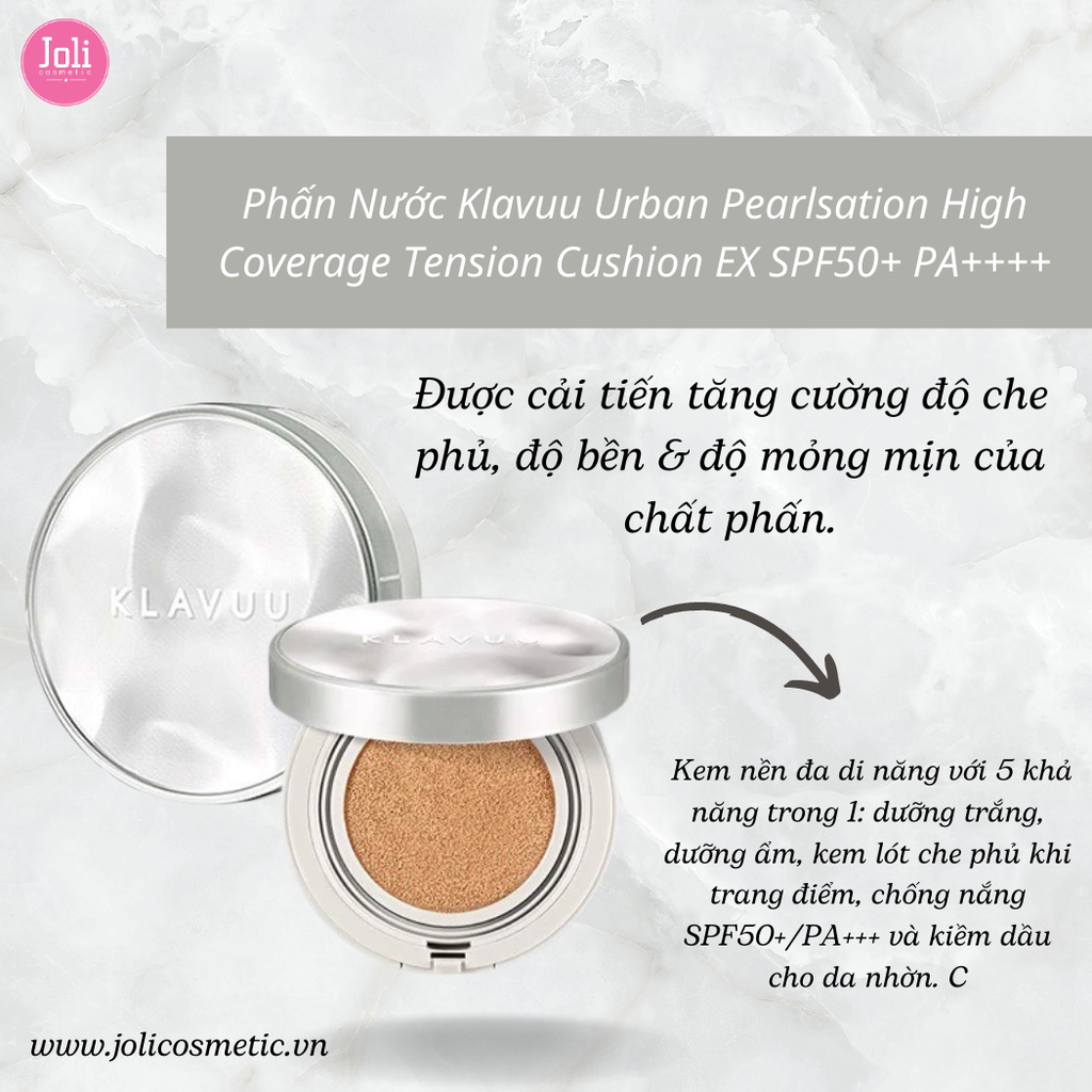 Phấn Nước Klavuu Urban Pearlsation High Coverage Tension Cushion EX SPF50+ PA++++ (Tặng kèm lõi)