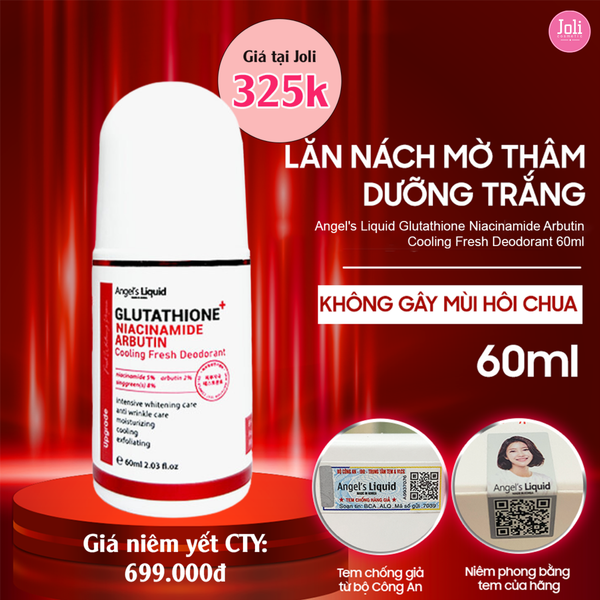 glutathione niacinamide lăn nách Lăn Khử Mùi Dưỡng Trắng Giảm Thâm Angel's Liquid Glutathione Niacinamide  Arbutin Cooling Fresh Deodorant 60mlLăn Khử Mùi Angel's Liquid Glutathione  Niacinamide Arbutin 60ml – JOLI COSMETIC