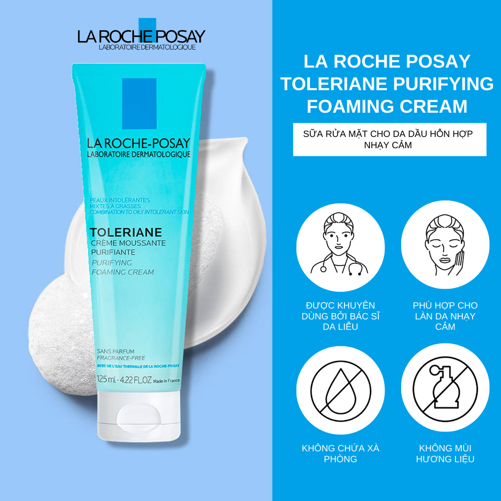 Sữa Rửa Mặt Cho Da Dầu Hỗn Hợp Nhạy Cảm La Roche Posay Toleriane Purifying Foaming Cream 125ml