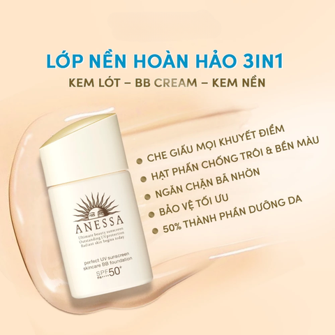 Kem Trang Điểm Dưỡng Da Chống Nắng Anessa Perfect UV Sunscreen Skincare BB Foundation SPF 50+ PA++++ 25ml