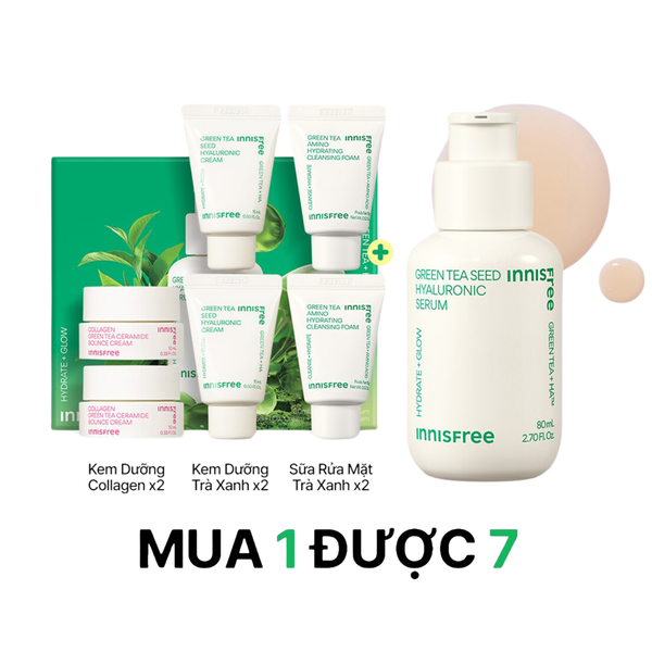 Bộ Dưỡng Ẩm Làm Dịu Phục Hồi Da 4 Món innisfree Green Tea Hyaluronic Serum 80ml + Green Tea Cleansing 15gx2 + Cream Green Tea 15mlx2 + Cream Green Tea Bounce 10mlx2
