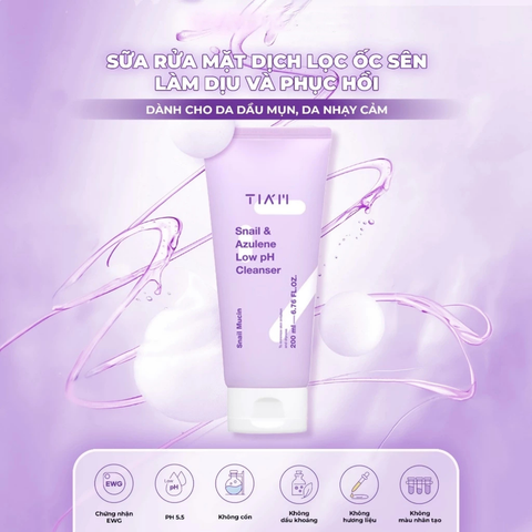 Sữa Rửa Mặt Làm Dịu Phục Hồi Da Tia'm Snail & Azulene Low PH Cleanser 200ml