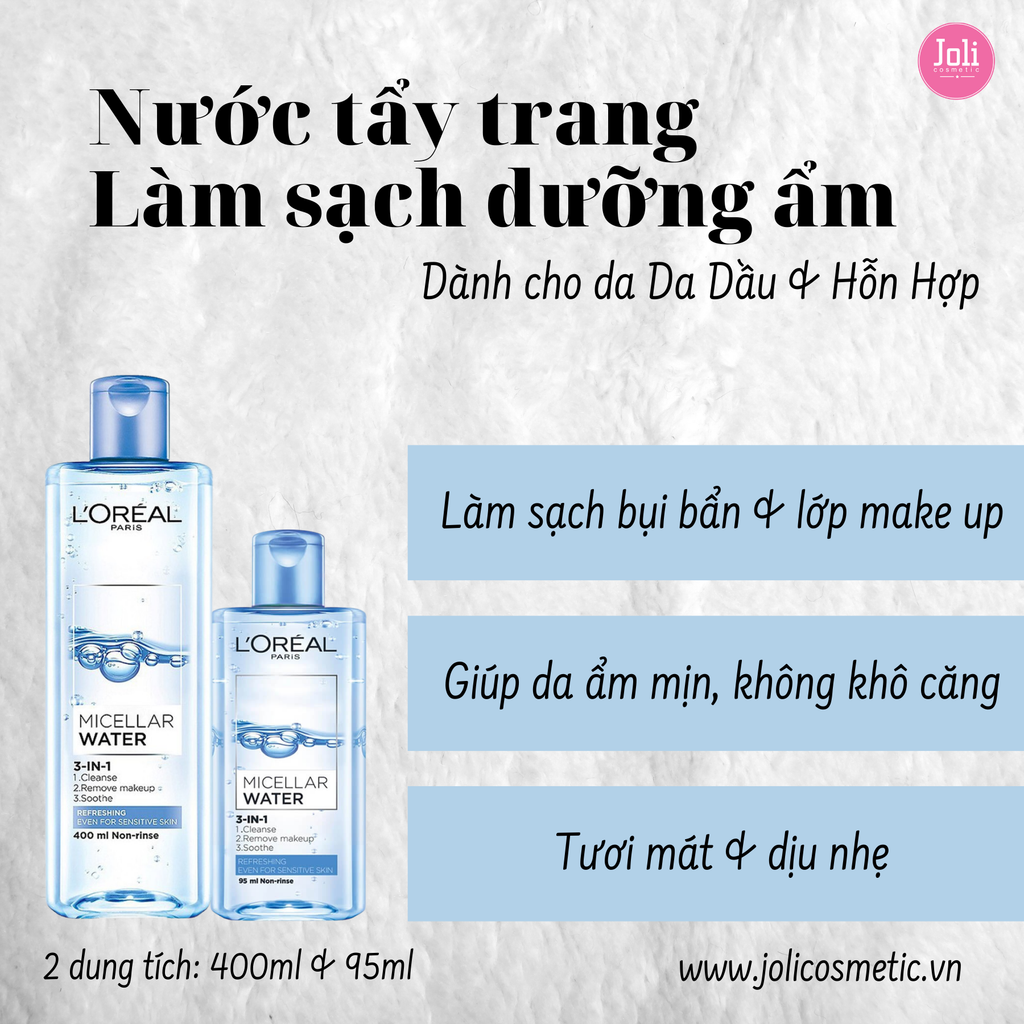 Nước Tẩy Trang Loreal Tươi Mát Cho Da Dầu & Hỗn Hợp Micellar Water 3-in-1 Refreshing Even For Sensitive Skin