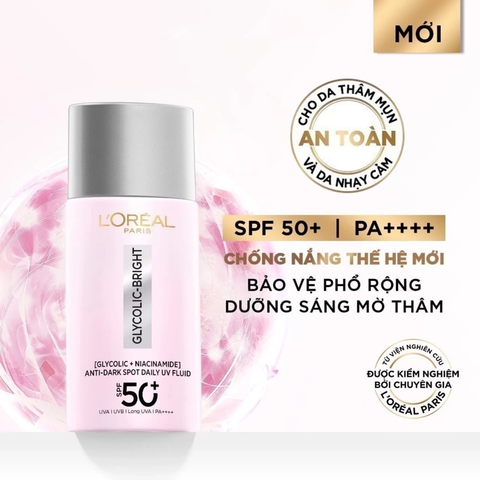Kem Chống Nắng Sáng Da Mờ Thâm Loreal Paris Glycolic-Bright Anti-Dark Spot Daily UV Fluid SPF50+ PA++++ 50ml