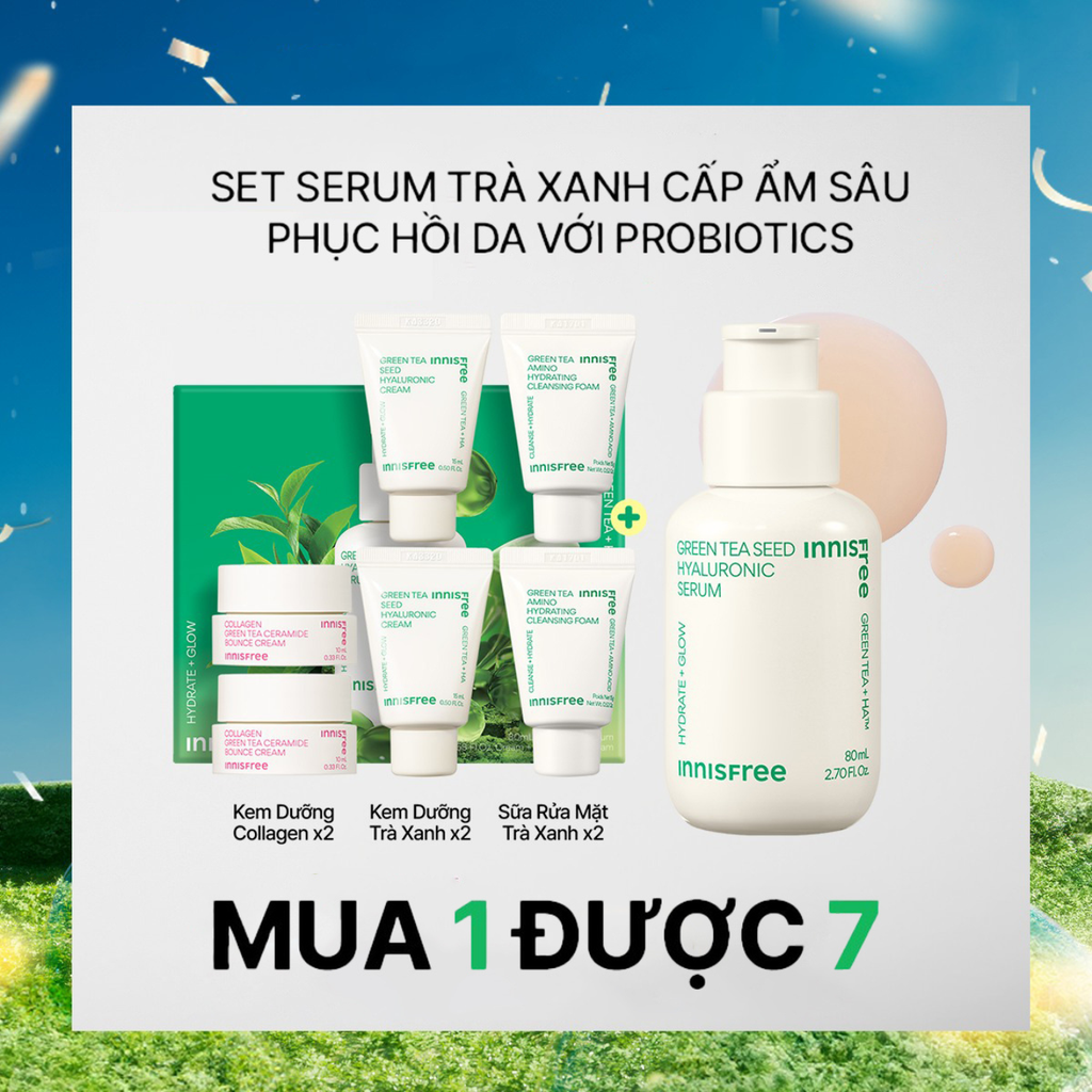 Bộ Dưỡng Ẩm Làm Dịu Phục Hồi Da 4 Món innisfree Green Tea Hyaluronic Serum 80ml + Green Tea Cleansing 15gx2 + Cream Green Tea 15mlx2 + Cream Green Tea Bounce 10mlx2