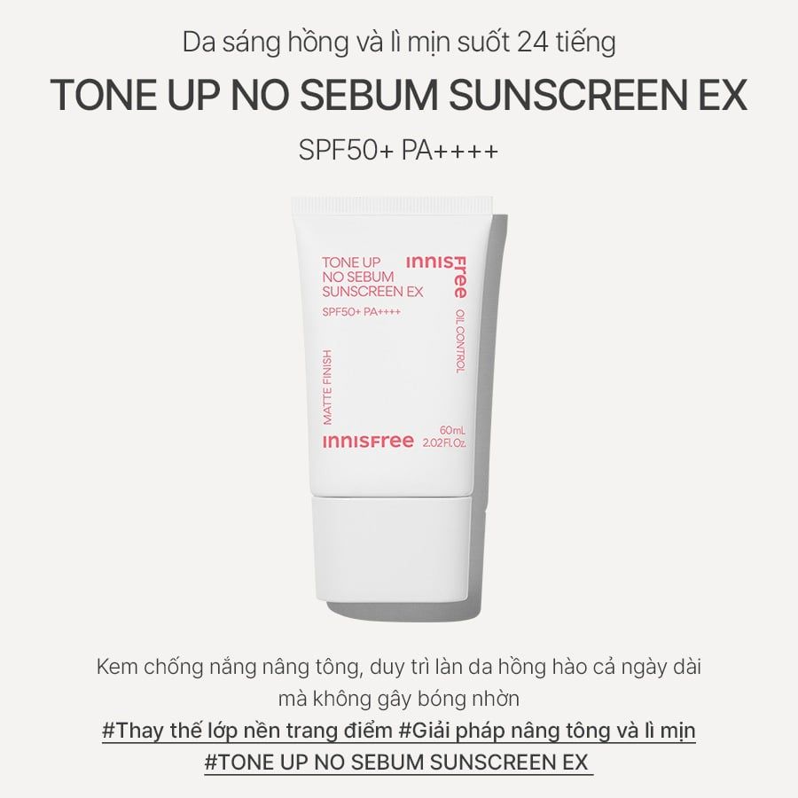 Kem Chống Nắng Nâng Tone Kiềm Dầu innisfree Tone Up No Sebum Sunscreen Ex SPF50+ PA++++ 60ml