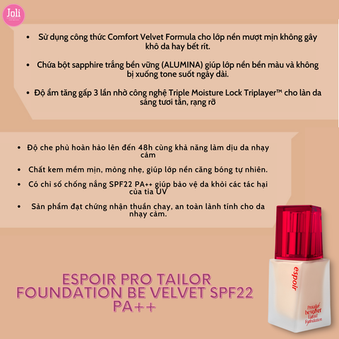 Kem Nền Espoir Pro Tailor Foundation Be Velvet SPF22 PA++