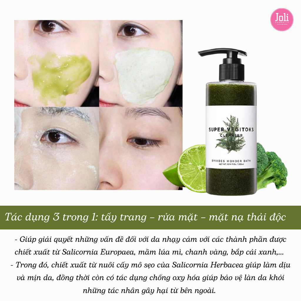 Sữa Rửa Mặt Dưỡng Ẩm Làm Dịu Da Byvibes Wonder Super Vegitoks Cleanser Green 300ml