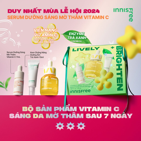 Bộ Dưỡng Ẩm Sáng Da 3 Món ( innisfree Vitamin C Green Tea Enzyme Brightening Serum 30ml Serum 10ml KCN Hyaluronic Moist 10ml)