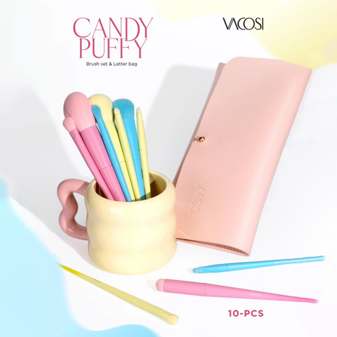 Bộ Cọ 10 Cây + Ví Hồng Vacosi Candy Puffy Brush Set BC34