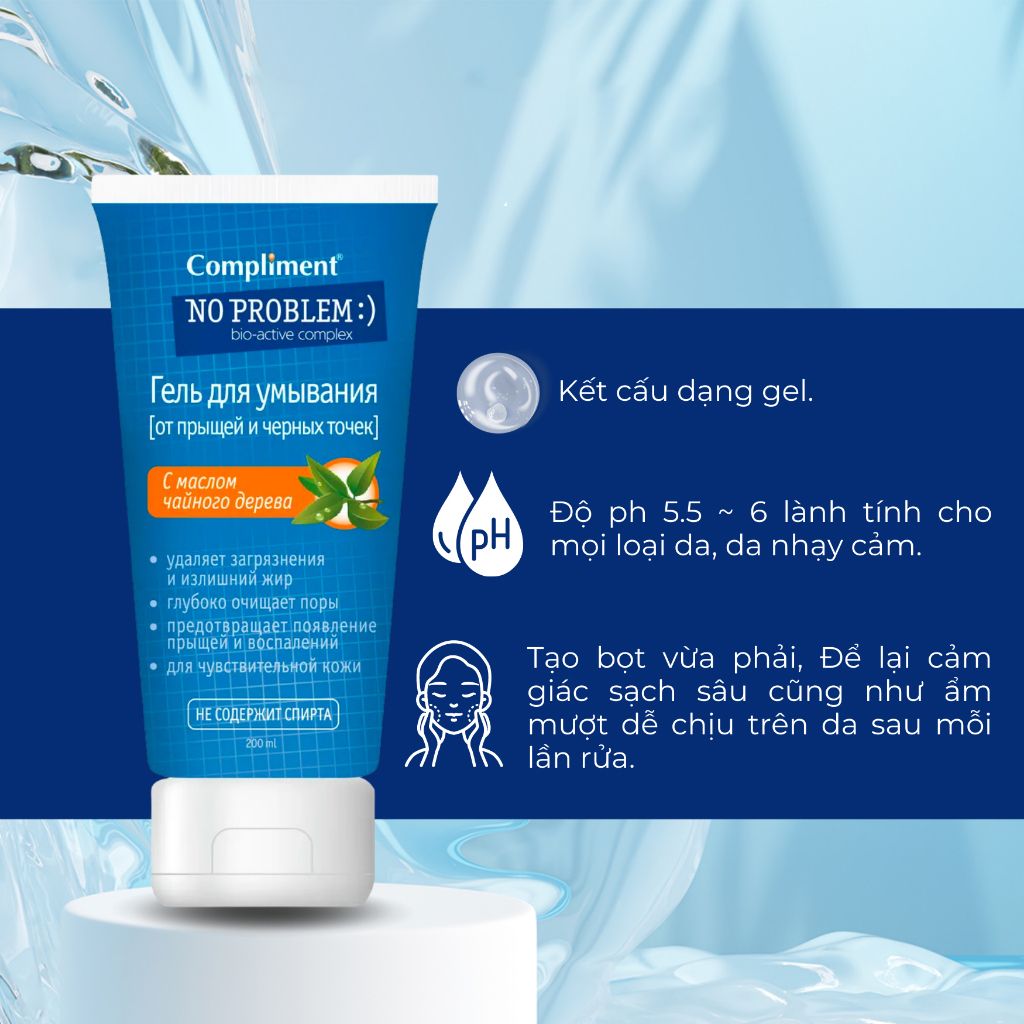 Gel Rửa Mặt Giảm Mụn Compliment No Problem BHA + Tea Tree 200ml