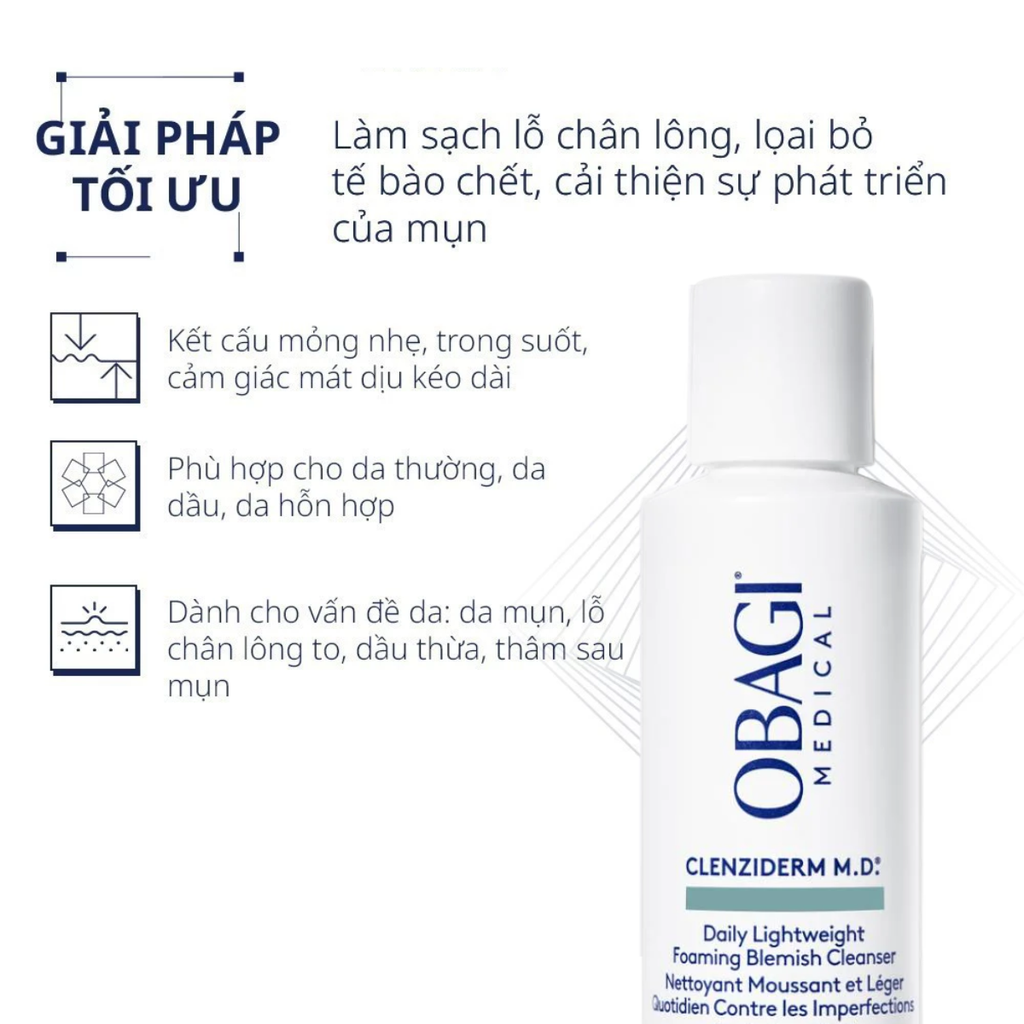 Sữa Rửa Mặt Sạch Sâu Tẩy Tế Bào Chết Obagi Clenziderm MD Daily Lightweight Foaming Blemish Cleanser 118ml
