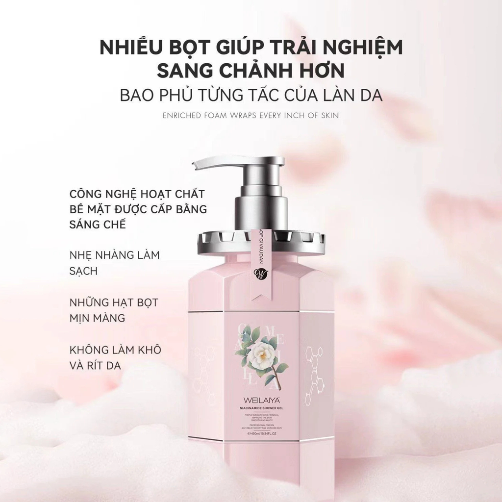 Sữa Tắm Trắng Da Hương Hoa Trà Weilaiya Niacinamide Shower Gel 450ml