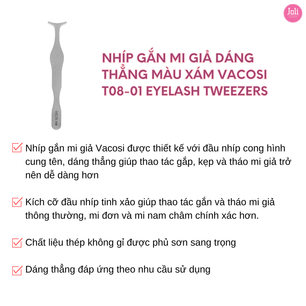 Nhíp Gắn Mi Giả Dáng Thẳng Màu Xám Vacosi T08-01 Eyelash Tweezers