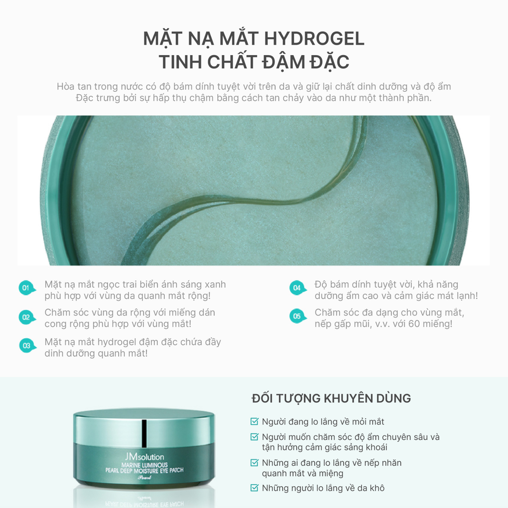 Mặt Nạ Mắt Mờ Quầng Thâm Nếp Nhăn JMsolution Marine Luminous Pearl Deep Moisture Eye Patch 90g