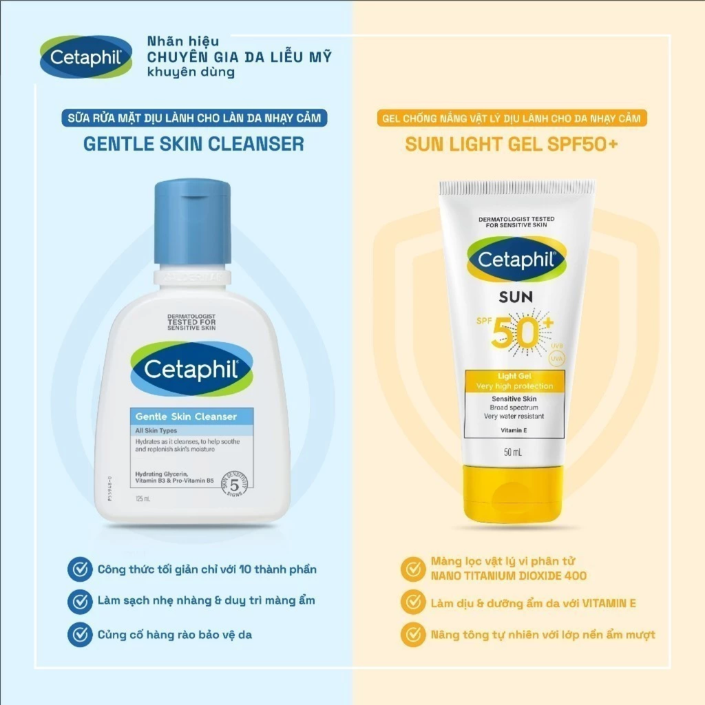 Combo Sữa Rửa Mặt Cetaphil Gentle Skin Cleanser 125ml + Gel Chống Nắng Sun SPF50+ Light Gel 50ml