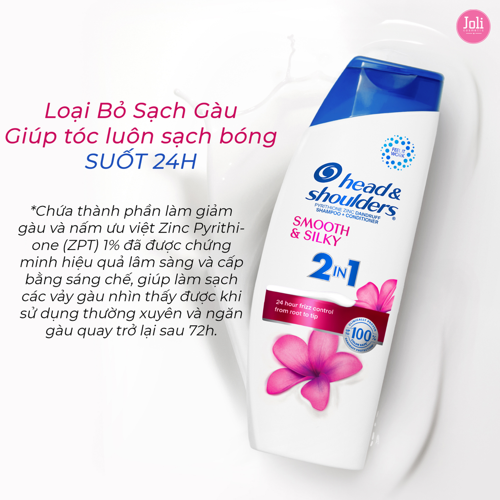 Dầu Gội & Xả Suôn Mềm Óng Mượt Head & Shoulders Pyrithione Zinz Dandruff Smooth & Silky 2in1 370ml