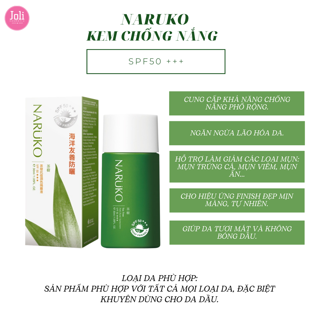 Kem Chống Nắng Tràm Trà Ngăn Ngừa Mụn Naruko Tea Tree Anti-Acne Sunscreen SPF50 30ml