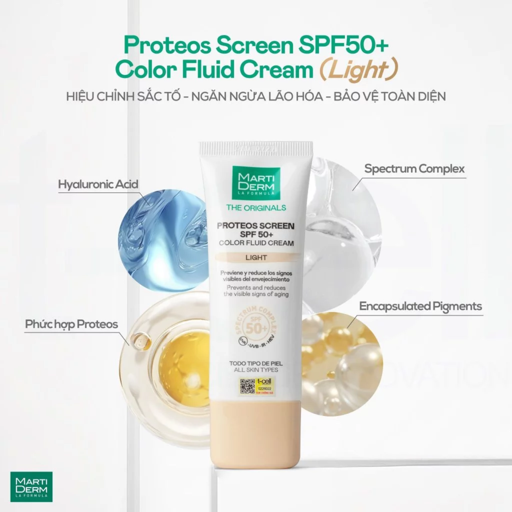 Kem Chống Nắng Làm Đều Màu Da MartiDerm The Originals Proteos Screen SPF50+ Color Fluid Cream Light 40ml