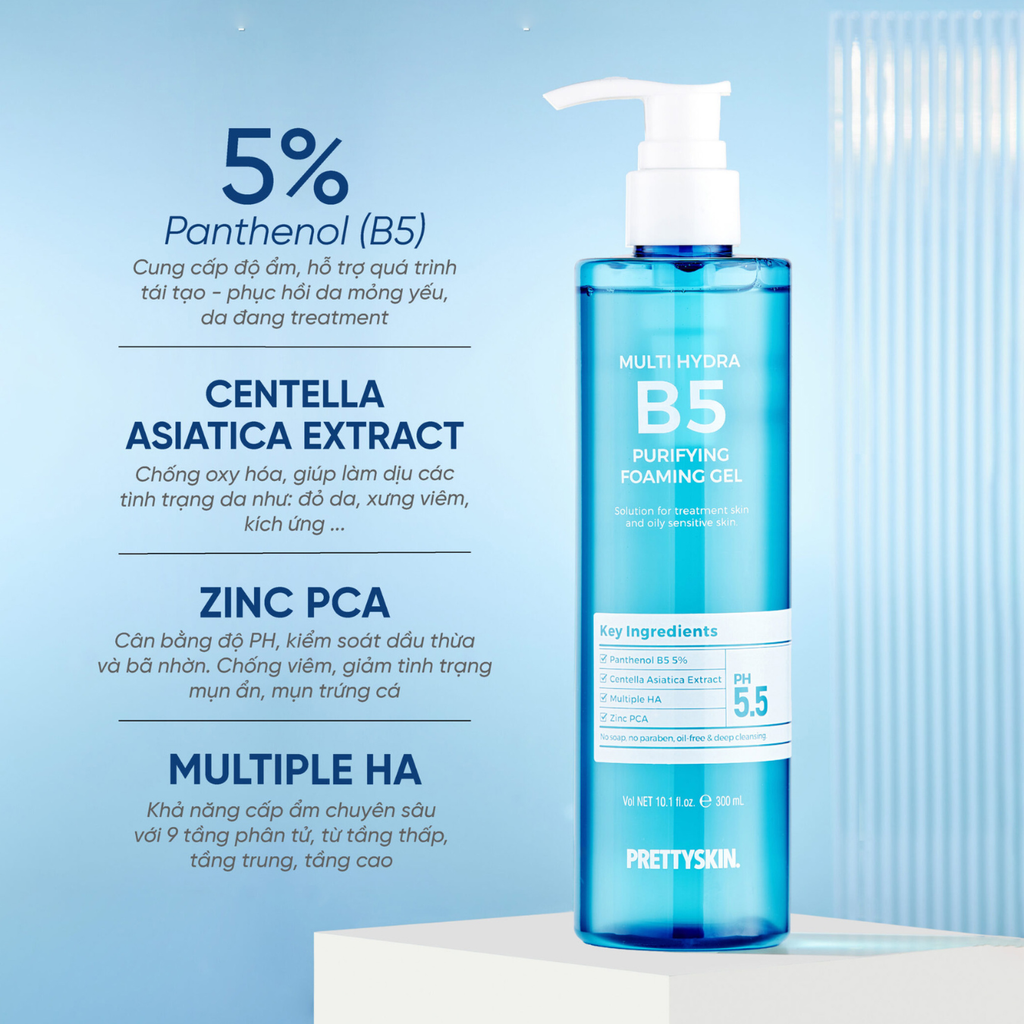 Gel Rửa Mặt Làm Sạch Sâu Prettyskin Multi Hydra B5 Purifying Foaming Gel 300ml
