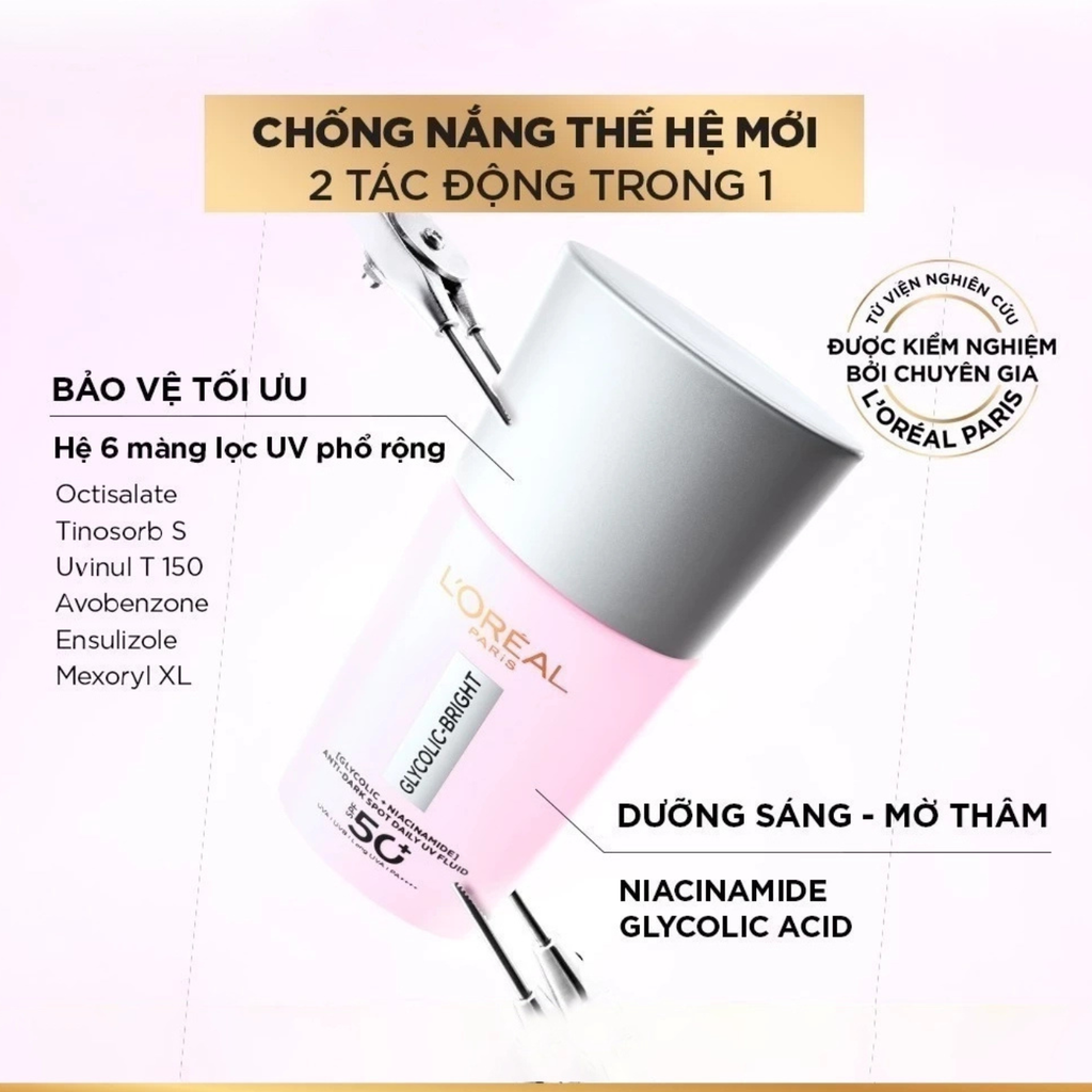 Kem Chống Nắng Sáng Da Mờ Thâm Loreal Paris Glycolic-Bright Anti-Dark Spot Daily UV Fluid SPF50+ PA++++ 50ml