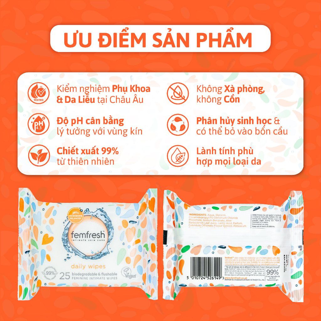 Khăn Ướt Vệ Sinh Vùng Kín Hằng Ngày Femfresh Intimate Skin Care Daily Wipes 25 Tờ