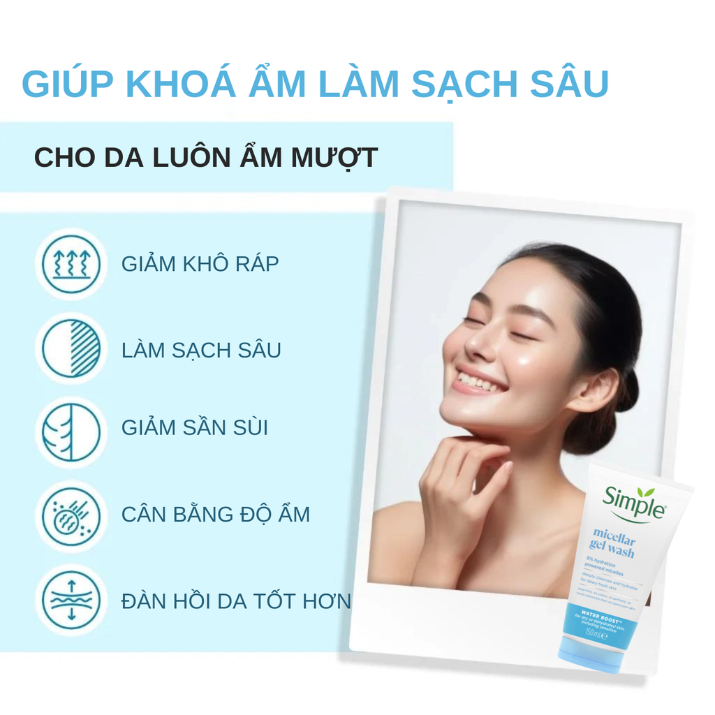 Gel Rửa Mặt Sạch Sâu Cấp Ẩm Cho Da Khô Simple Water Boost Micellar Gel Wash 150ml