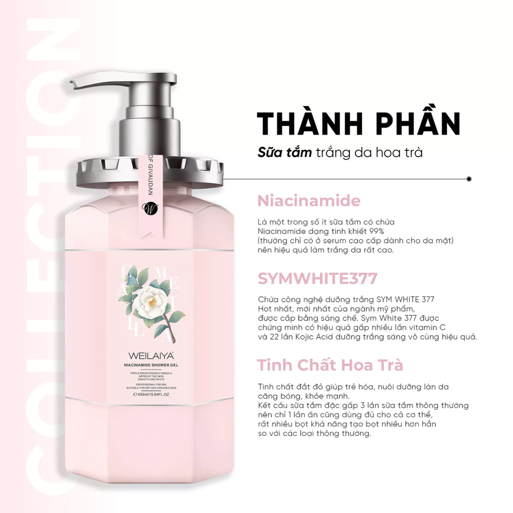 Sữa Tắm Trắng Da Hương Hoa Trà Weilaiya Niacinamide Shower Gel 450ml
