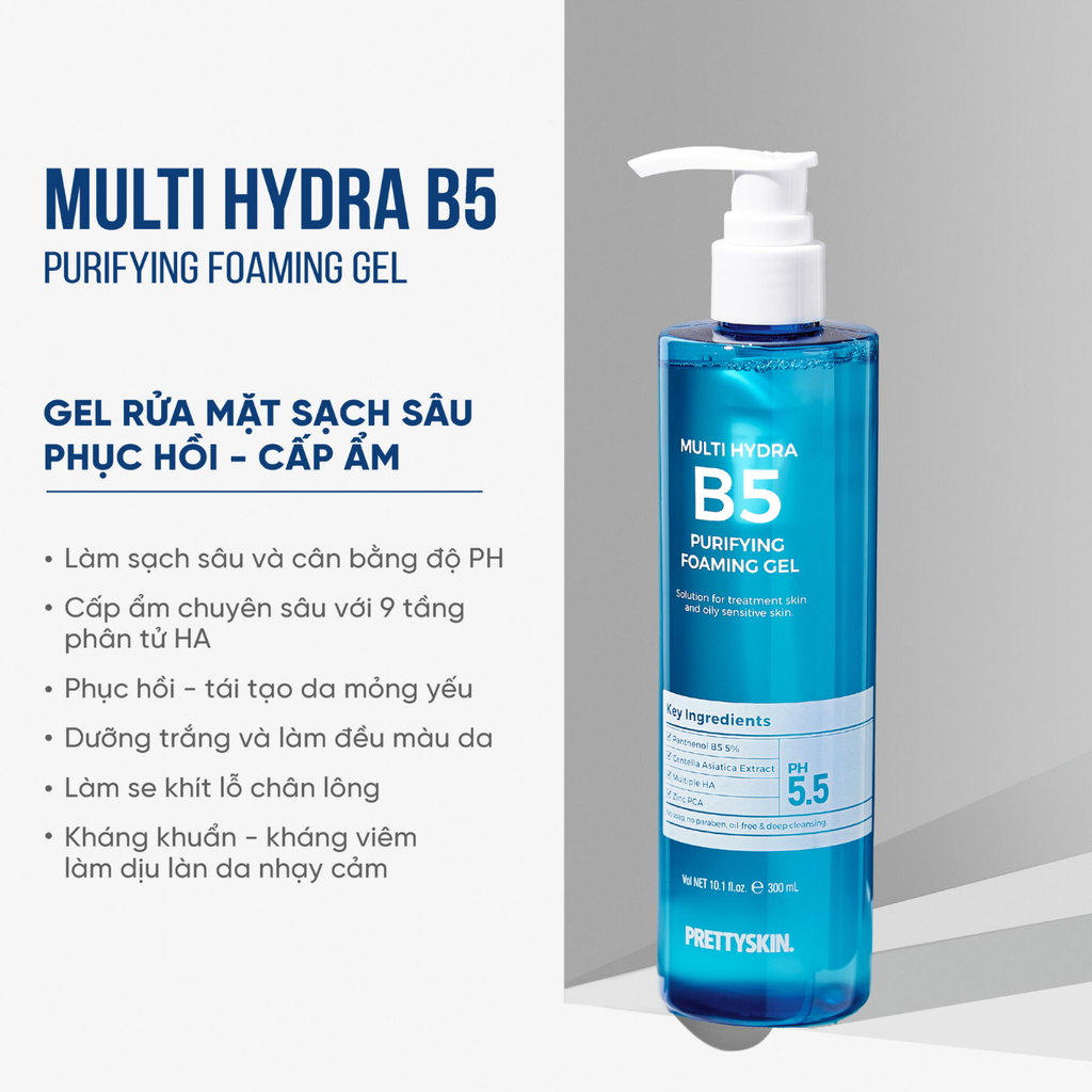 Gel Rửa Mặt Làm Sạch Sâu Prettyskin Multi Hydra B5 Purifying Foaming Gel 300ml