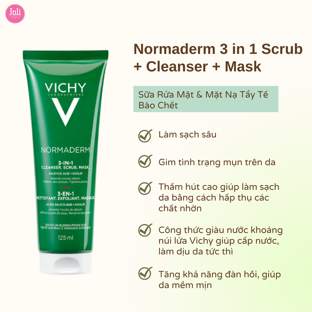 Sữa Rửa Mặt & Mặt Nạ Tẩy Tế Bào Chết Vichy Normaderm 3 in 1 Scrub + Cleanser + Mask 125ml