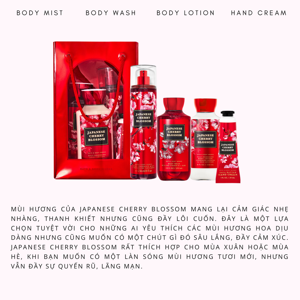 Set 4 Món Bath & Body Works (dưỡng tay 29ml + xịt thơm 236ml + sữa tắm 295ml + sữa dưỡng 236ml)