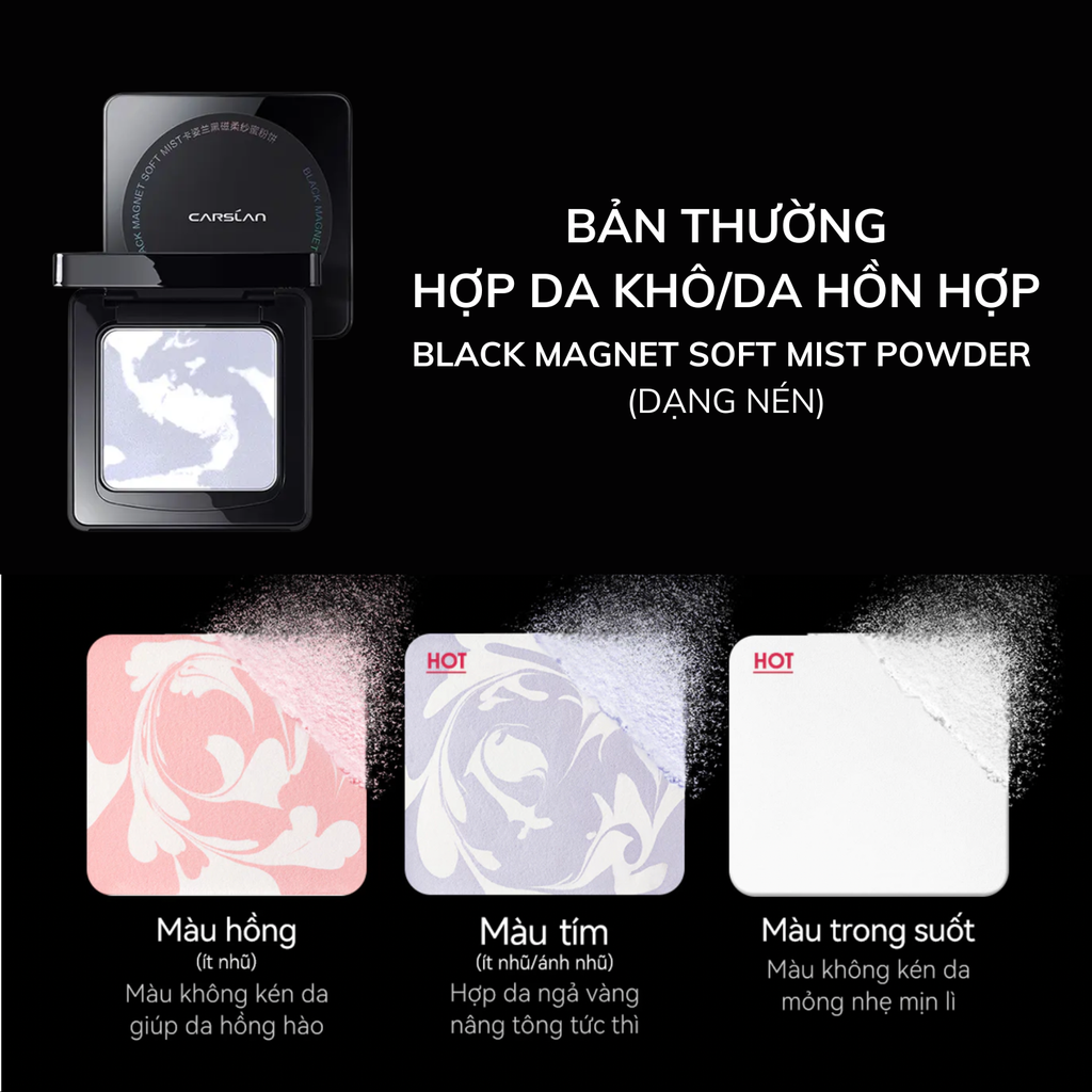 Phấn Phủ Dạng Nén Cho Da Khô Carslan Black Magnet Soft Mist Powder 8g (nắp đen)
